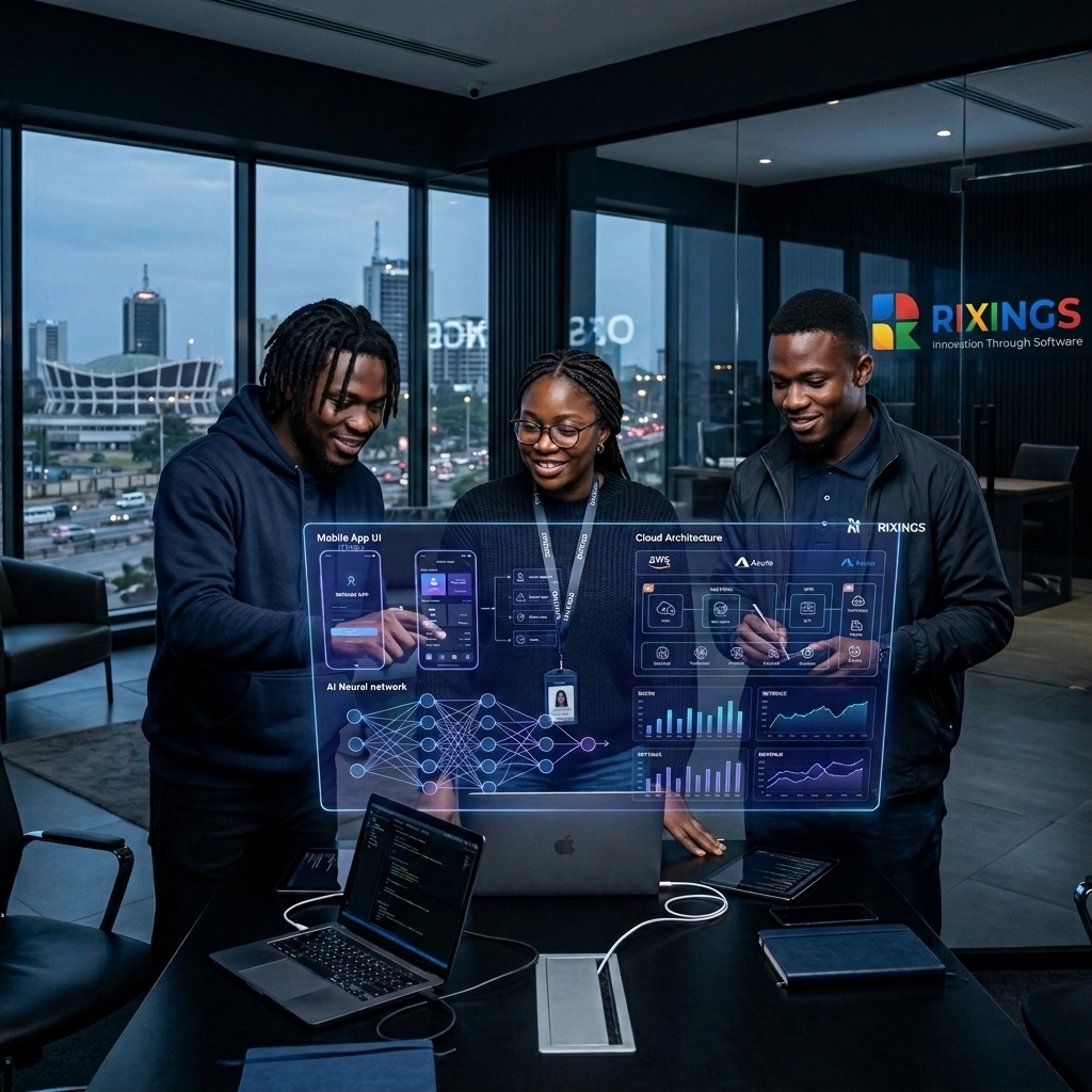 African software engineers collaborating on holographic dashboard